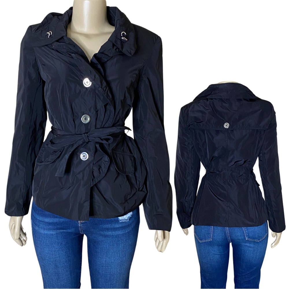 Black Mid Length Button Up Belted Rain Jacket Utility Cabin Core Work Coat (M)